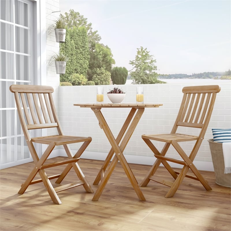 Kingfisher Lane 3 Piece Outdoor Foldable Wood Bistro Set in Acorn Brown
