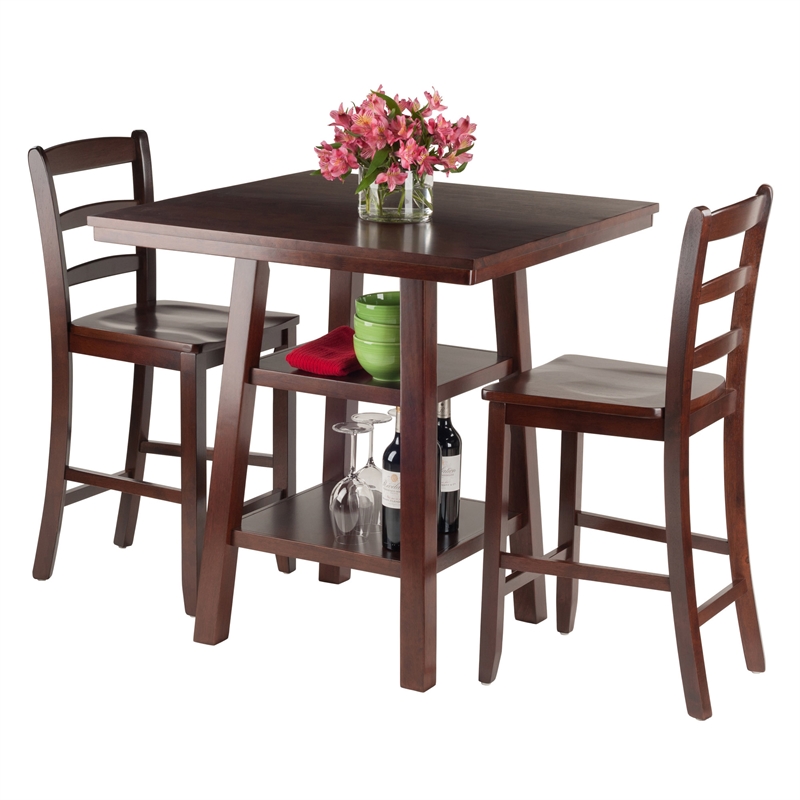 Kingfisher Lane 3-Piece Square Counter Height Solid Wood Dining Set in Walnut