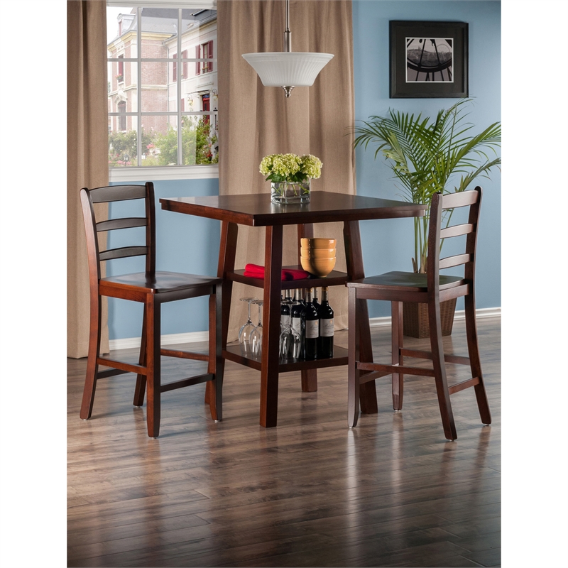 Kingfisher Lane 3-Piece Square Counter Height Solid Wood Dining Set in Walnut