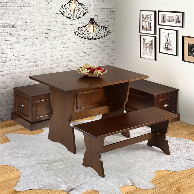 Kingfisher Lane Wood Backless 3 Piece Dining Nook with Storage in Brown