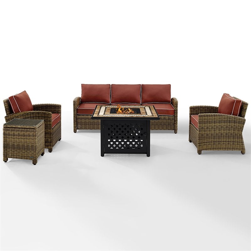 Kingfisher Lane 5 Piece Patio Fabric Fire Pit Sofa Set in Brown/Red