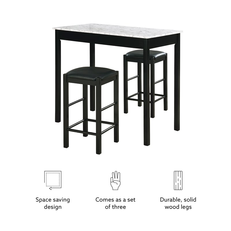 Kingfisher Lane 3 Piece Wood & Faux Marble Tavern Set Backless Stools in Black
