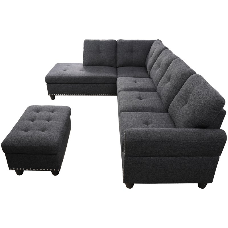 Kingfisher Lane Polyester Fabric Sectional Sofa with Ottoman-Dark Gray