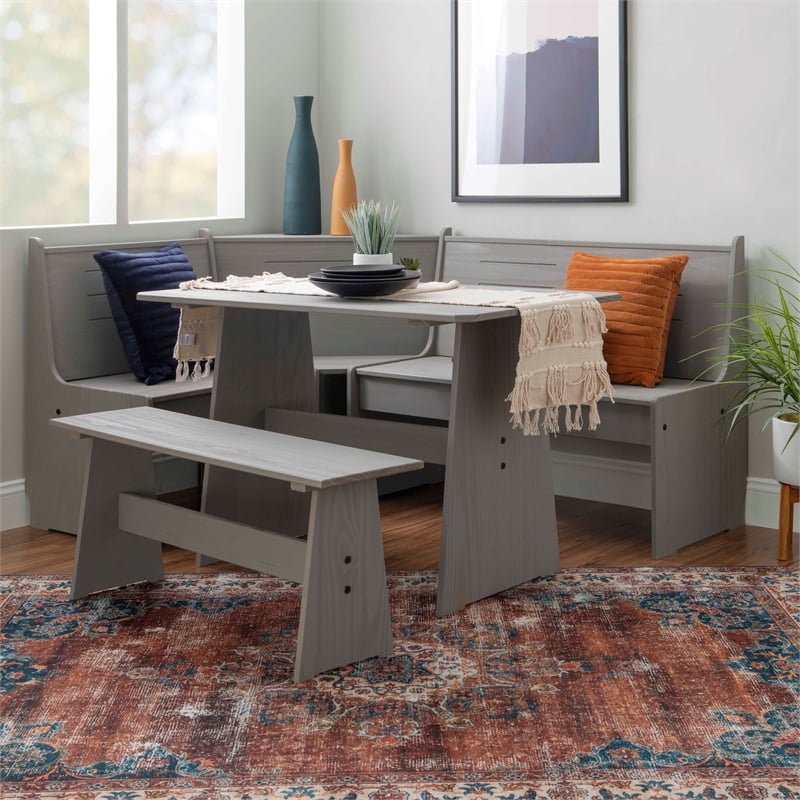 Kingfisher Lane Modern Pine Wood Corner Dining Nook Set in Gray