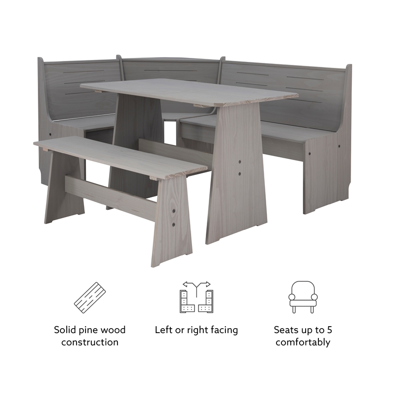 Kingfisher Lane Modern Pine Wood Corner Dining Nook Set in Gray