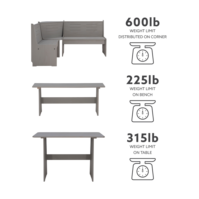 Kingfisher Lane Modern Pine Wood Corner Dining Nook Set in Gray