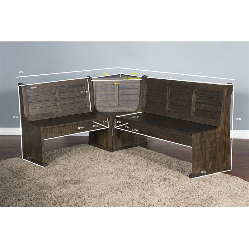 Kingfisher Lane Farmhouse Wood Breakfast Nook Set in Medium Brown