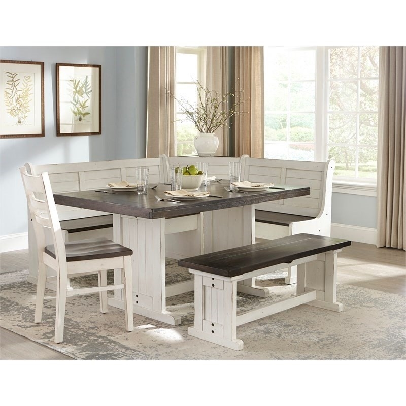 Kingfisher Lane Farmhouse 4 Piece Wood Breakfast Nook Set in White/Brown