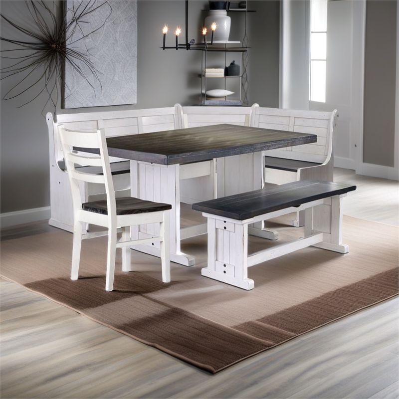 Kingfisher Lane Farmhouse 4 Piece Wood Breakfast Nook Set in White/Brown