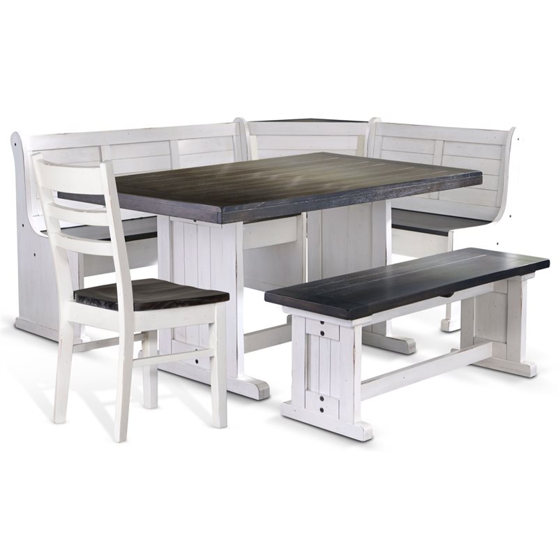 Kingfisher Lane Farmhouse 4 Piece Wood Breakfast Nook Set in White/Brown