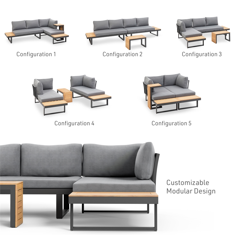 Kingfisher Lane Modular Teak Solid Wood Sectional Sofa in Natural/Gunmetal