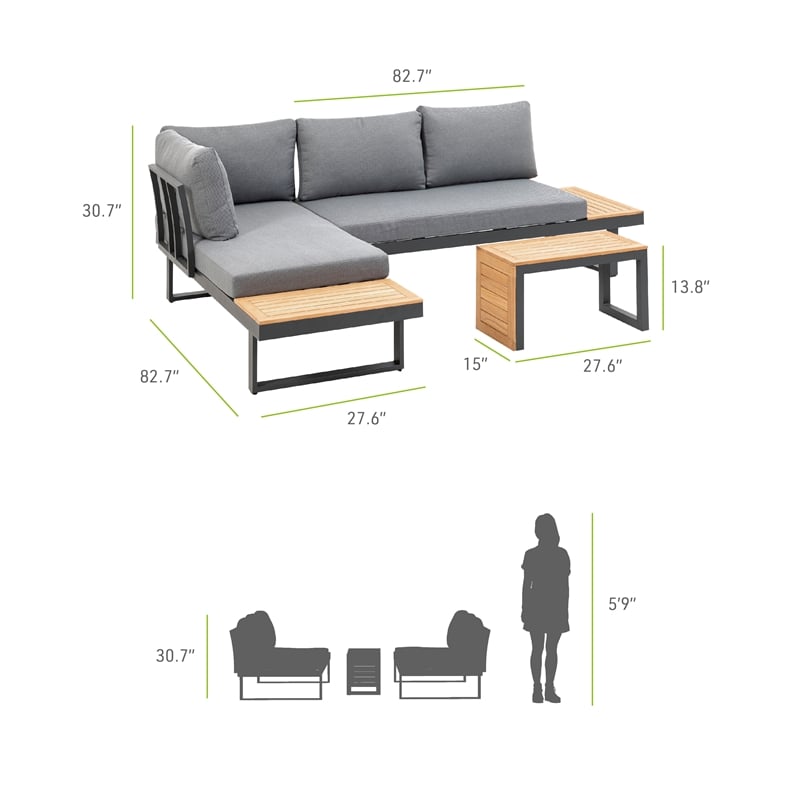 Kingfisher Lane Modular Teak Solid Wood Sectional Sofa in Natural/Gunmetal