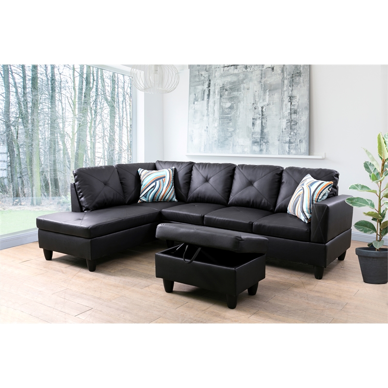 Kingfisher Lane L Shaped Black Couch with Ottoman(Pillows Included) Microfiber
