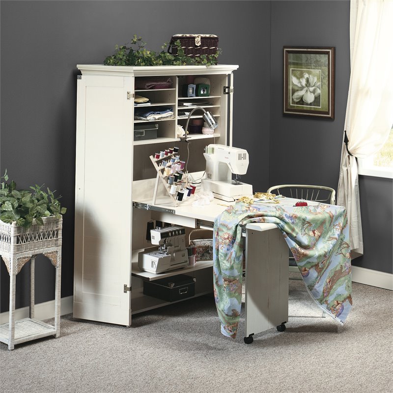 Kingfisher Lane Contemporary Craft Armoire in Antique White Finish