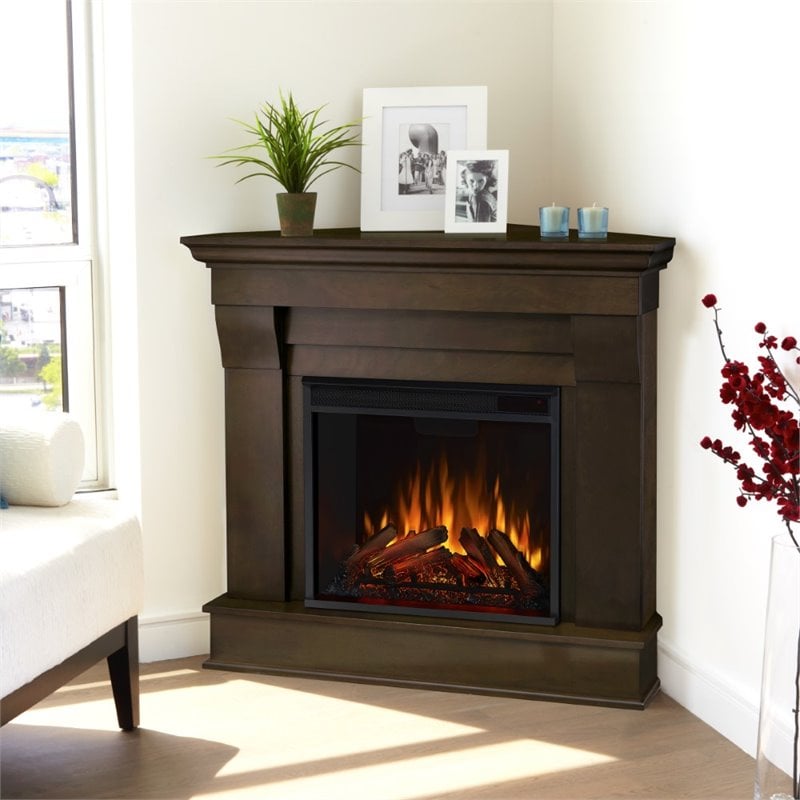 Kingfisher Lane Traditional Wood Espresso Electric Corner Fireplace
