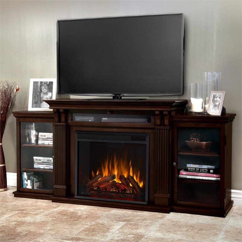 Kingfisher Lane TV Stand with Electric Fireplace in Dark Walnut