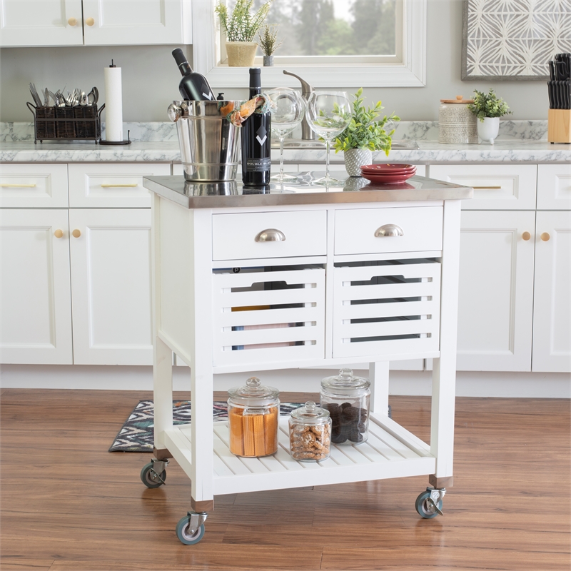 Kingfisher Lane Wood Rolling Kitchen Storage and Prep Cart in White