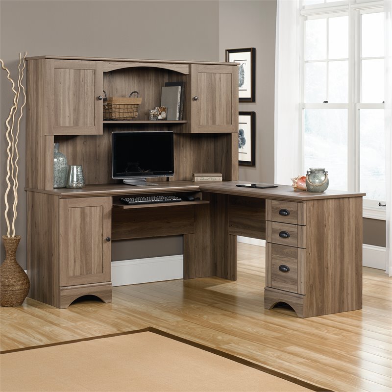 Kingfisher Lane Engineered Wood L-Shaped Computer Desk in Salt Oak