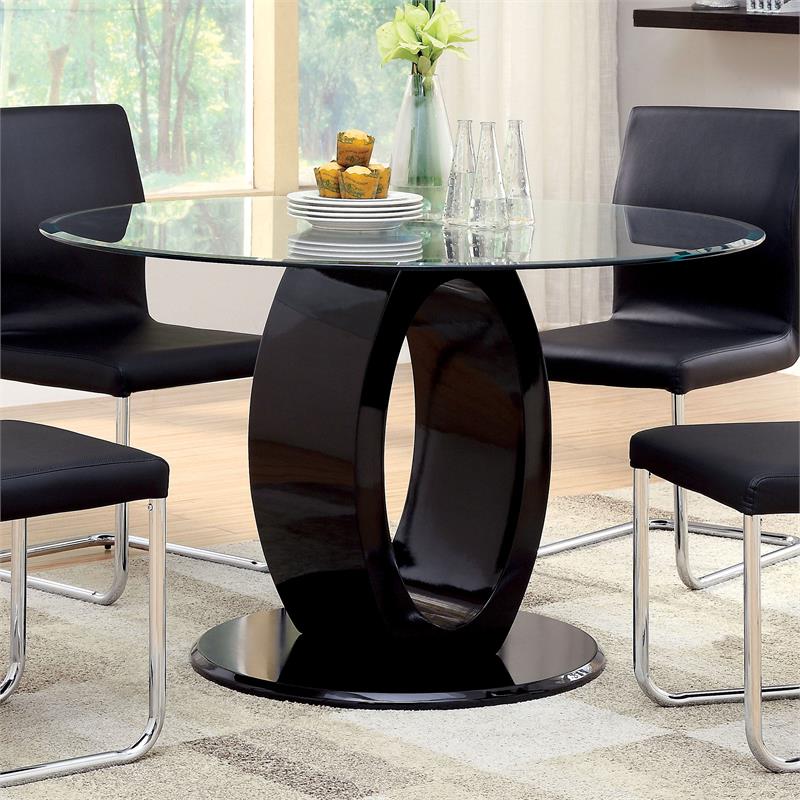 Kingfisher Lane Round Tempered Glass Top Dining Table in Black