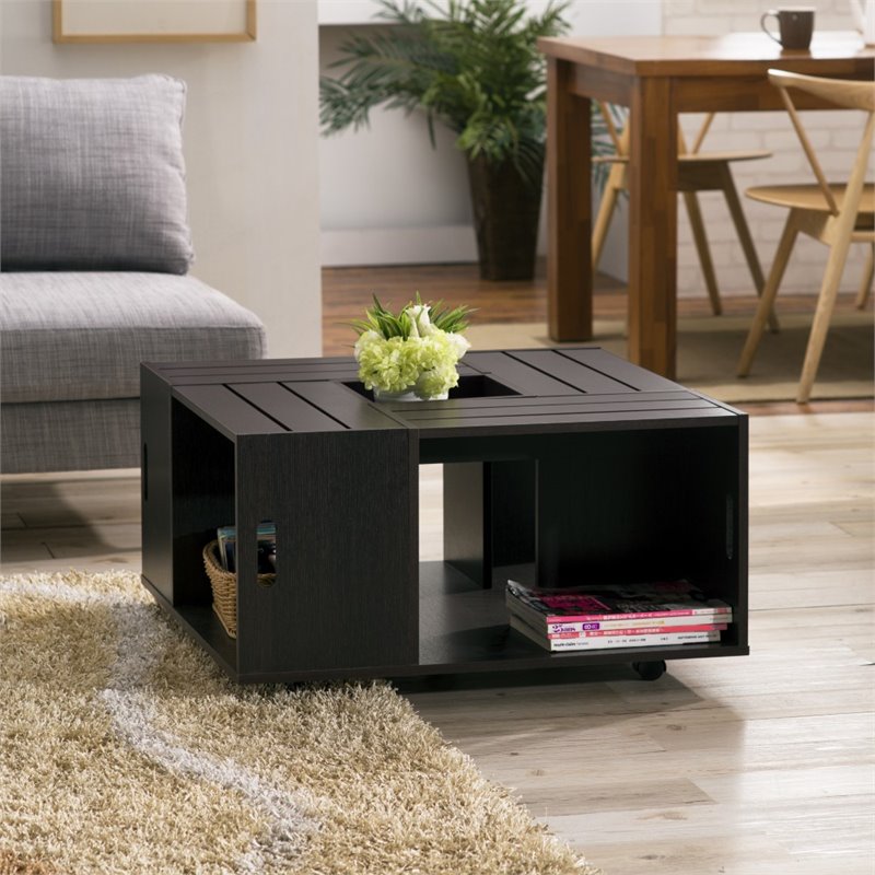 Kingfisher Lane Modern Wood Coffee Table with Casters in Espresso