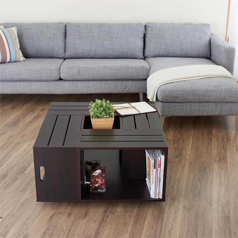 Kingfisher Lane Modern Wood Coffee Table with Casters in Espresso