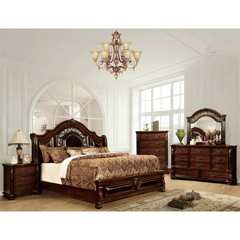 Kingfisher Lane Modern Solid Wood Panel King Bed in Brown Cherry