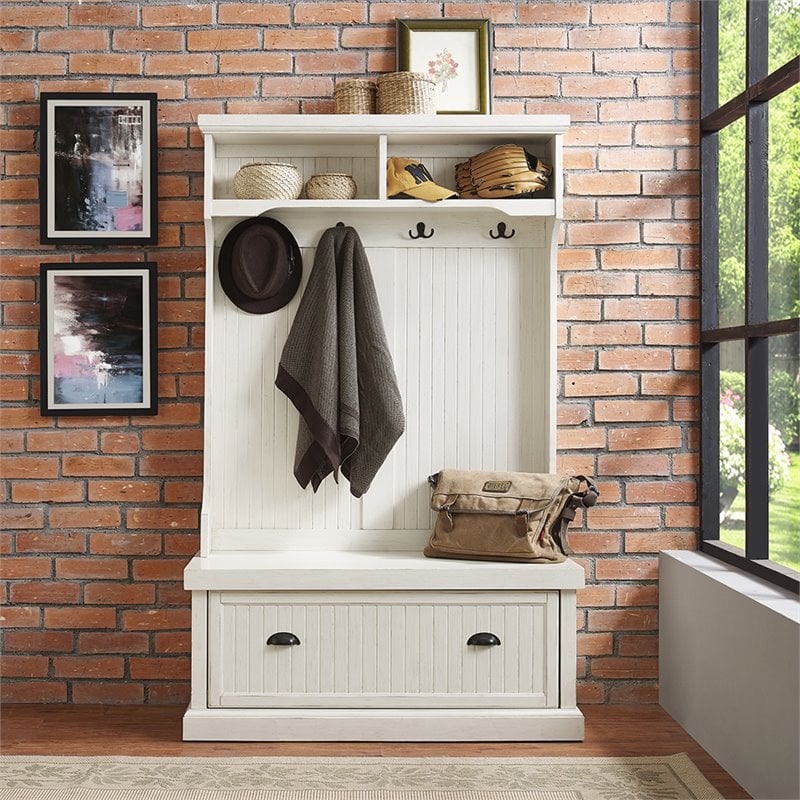 Kingfisher Lane Contemporary Wood Hall Tree in Distressed White