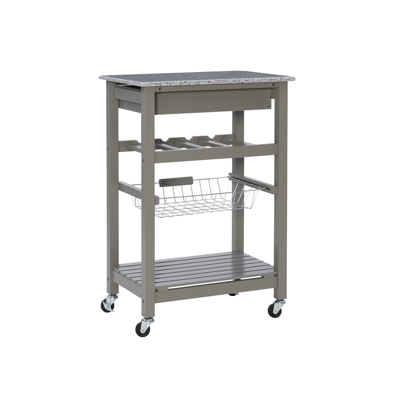 Kingfisher Lane Wood Kitchen Island Granite Top Wine Rack in Gray