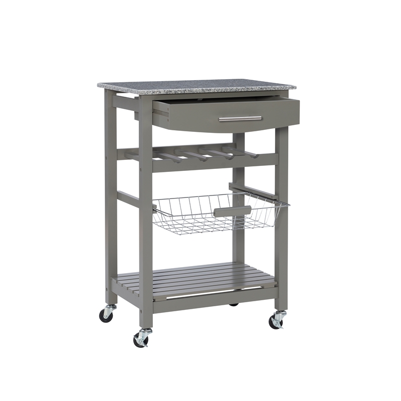 Kingfisher Lane Wood Kitchen Island Granite Top Wine Rack in Gray