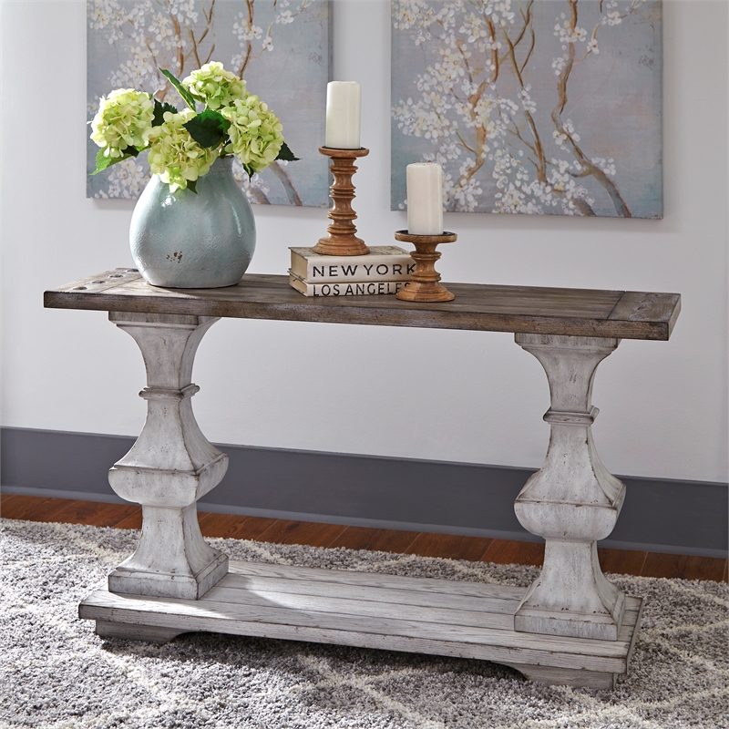 Kingfisher Lane Contemporary Sofa Table with Bottom Shelf in Distressed White