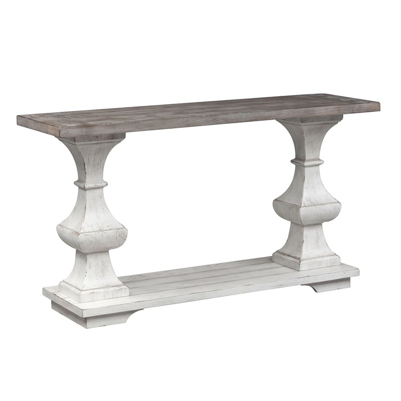 Kingfisher Lane Contemporary Sofa Table with Bottom Shelf in Distressed White