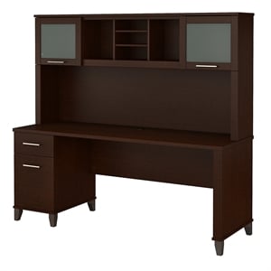 Kingfisher Lane 72W Wood Office Desk with Hutch in Mocha Cherry