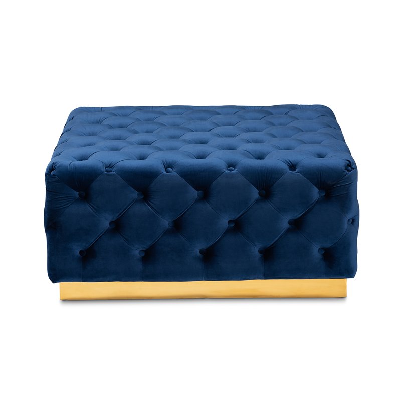 Kingfisher Lane Royal Blue Velvet Gold Finished Square Cocktail Ottoman