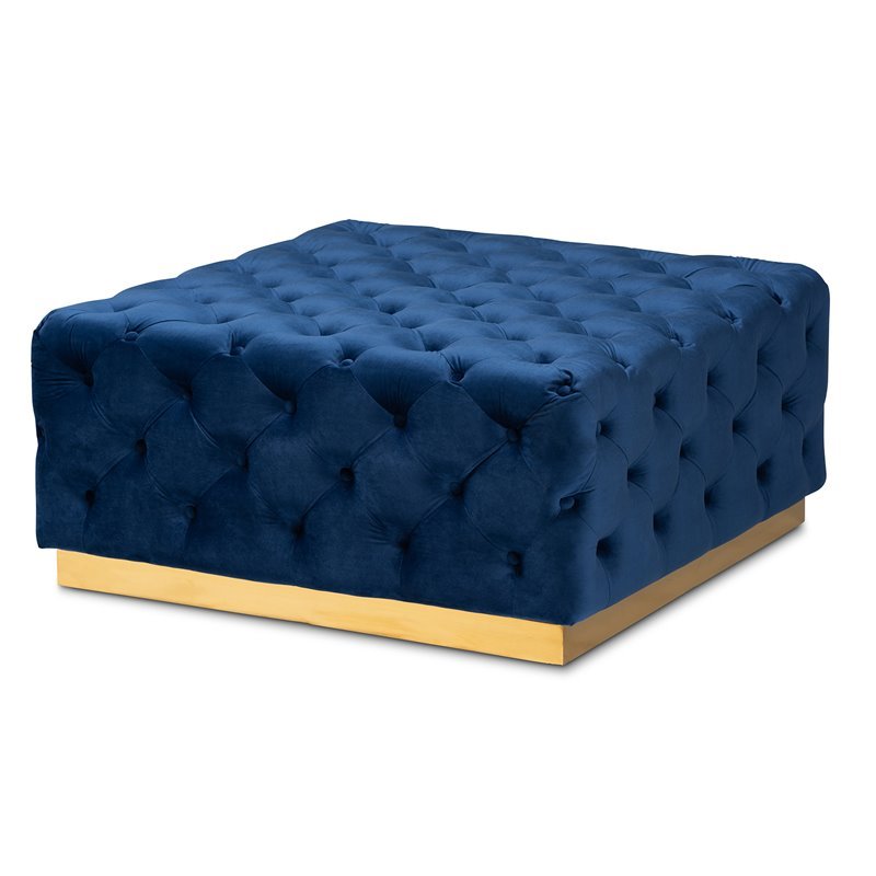 Kingfisher Lane Royal Blue Velvet Gold Finished Square Cocktail Ottoman