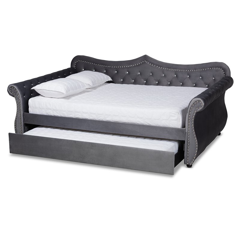Kingfisher Lane Gray Velvet Crystal Tufted Full Wood Daybed with Trundle