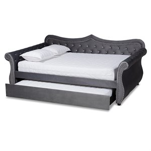 kingfisher lane gray velvet crystal tufted full wood daybed with trundle