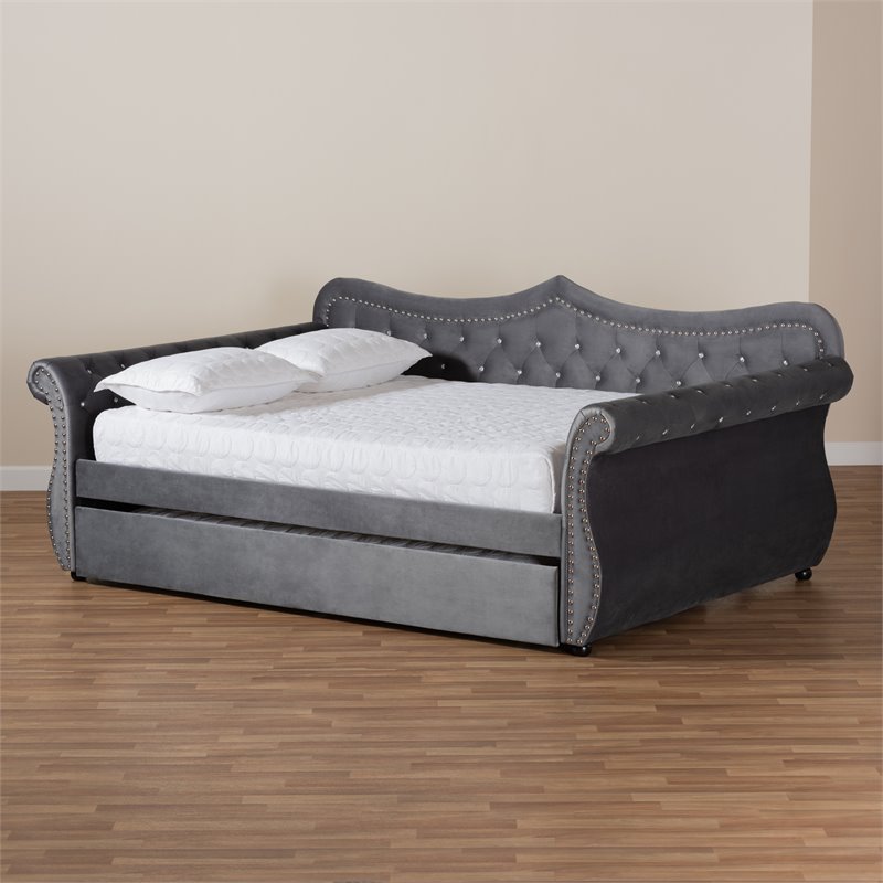 Kingfisher Lane Gray Velvet Crystal Tufted Full Wood Daybed with Trundle