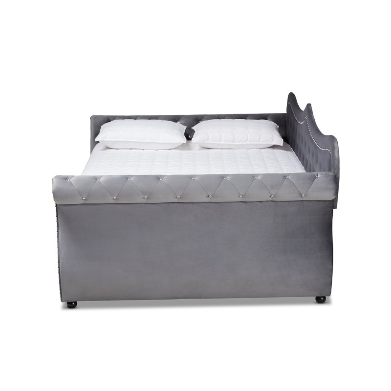 Kingfisher Lane Gray Velvet Crystal Tufted Full Wood Daybed with Trundle