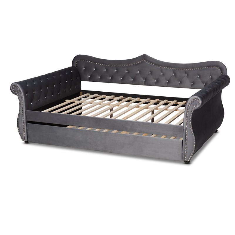 Kingfisher Lane Gray Velvet Crystal Tufted Full Wood Daybed with Trundle