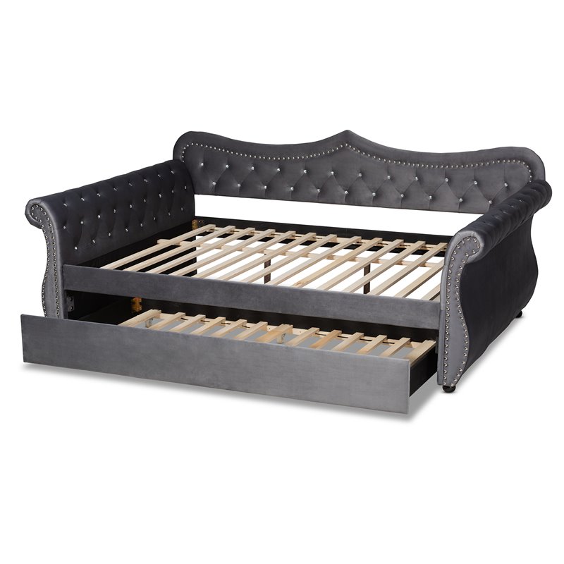 Kingfisher Lane Gray Velvet Crystal Tufted Full Wood Daybed with Trundle