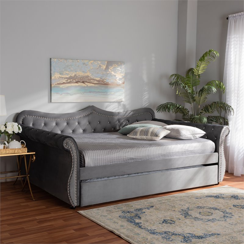 Kingfisher Lane Gray Velvet Crystal Tufted Full Wood Daybed with Trundle