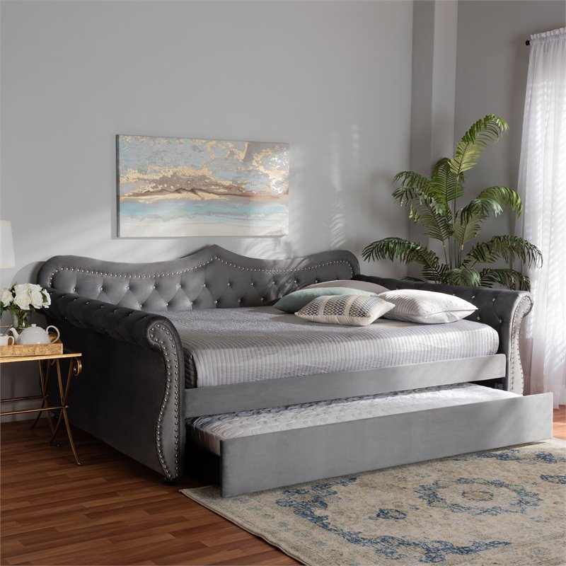 Kingfisher Lane Gray Velvet Crystal Tufted Full Wood Daybed with Trundle