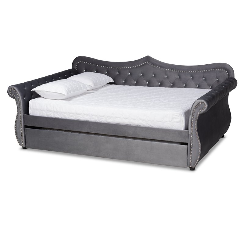 Kingfisher Lane Gray Velvet Crystal Tufted Full Wood Daybed with Trundle