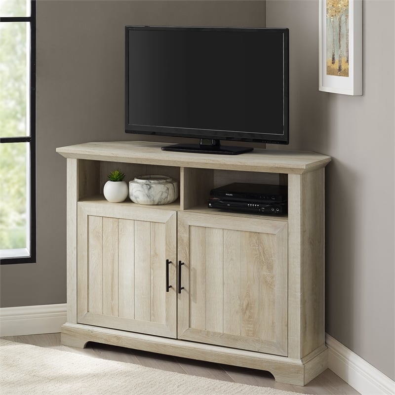 Kingfisher Lane Grooved Wood Door Corner TV Console in White Oak