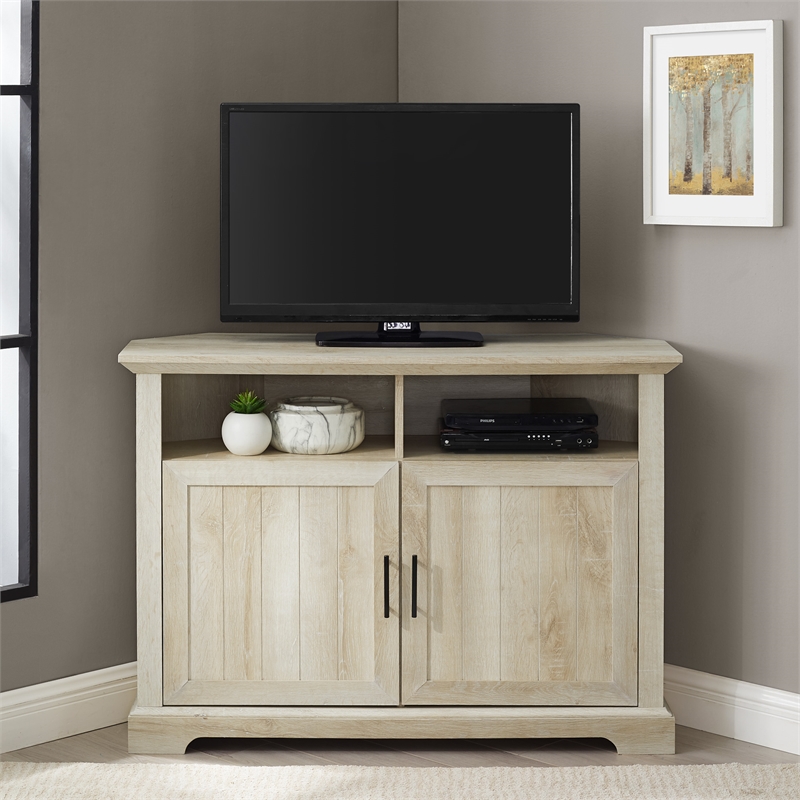 Kingfisher Lane Grooved Wood Door Corner TV Console in White Oak