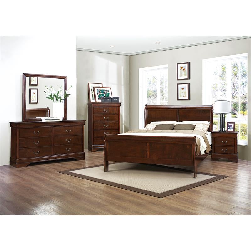 Kingfisher Lane Traditional Wood Queen Sleigh Bed in Brown Cherry