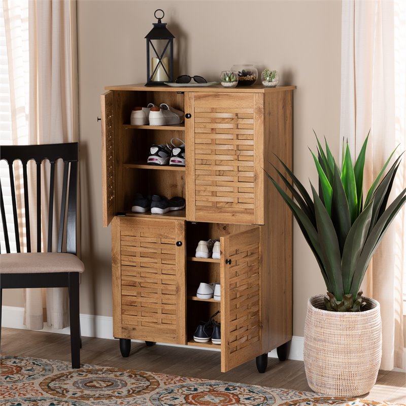 Kingfisher Lane Oak Brown Finished Wood 4-Door Shoe Storage Cabinet