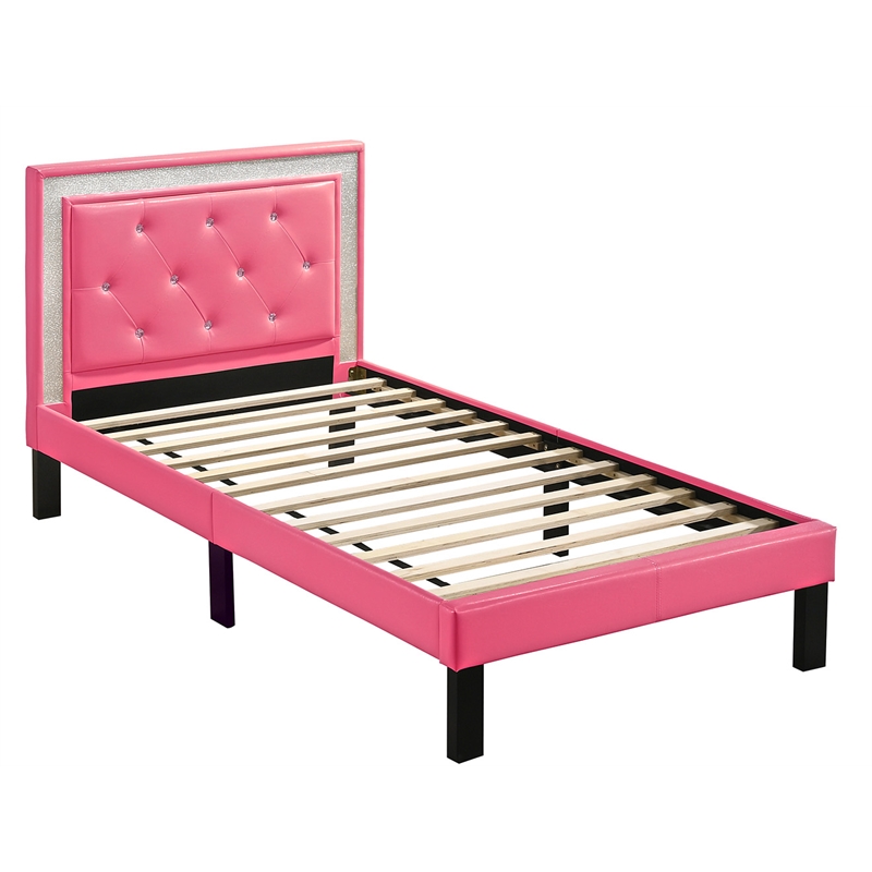 Kingfisher Lane Twin Faux Leather Bed Frame with Slats in Pink