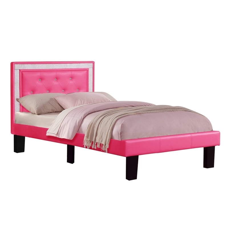Kingfisher Lane Twin Faux Leather Bed Frame with Slats in Pink