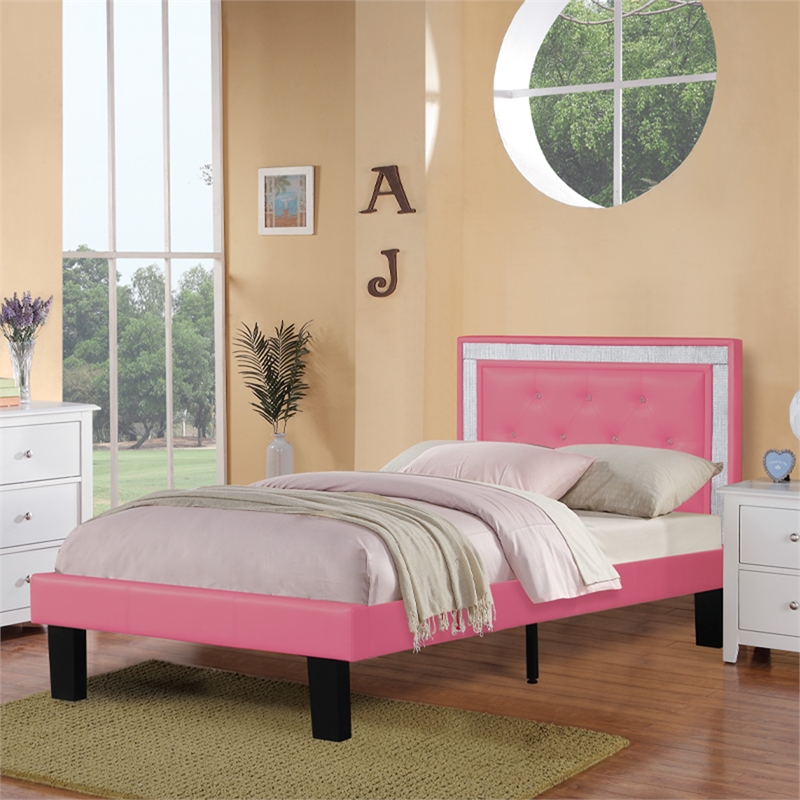 Kingfisher Lane Twin Faux Leather Bed Frame with Slats in Pink